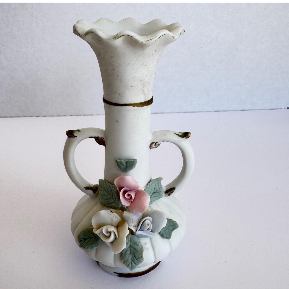 Vintage Taiwan mini Porcelain Vase Floral Applique Gold Trim Two Handles